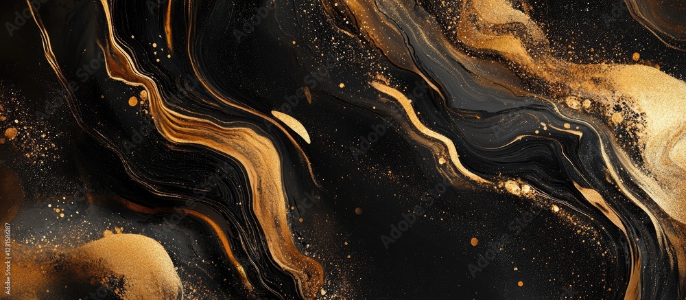 Fototapete Elegant abstract texture with flowing black and gold marble patterns, featuring rich brown accents, creating a luxurious and striking visual effect.