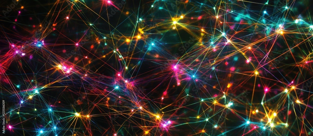 Poster Vibrant digital network background with colorful lights in blue, pink, and yellow, creating a dynamic abstract composition of connectivity elements.