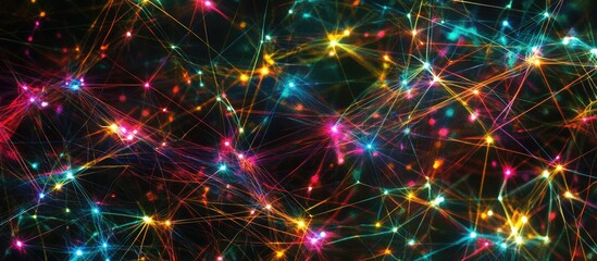 Fototapeta premium Vibrant digital network background with colorful lights in blue, pink, and yellow, creating a dynamic abstract composition of connectivity elements.