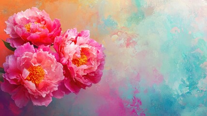 Obraz premium Vibrant pink peonies with yellow centers on abstract pastel background
