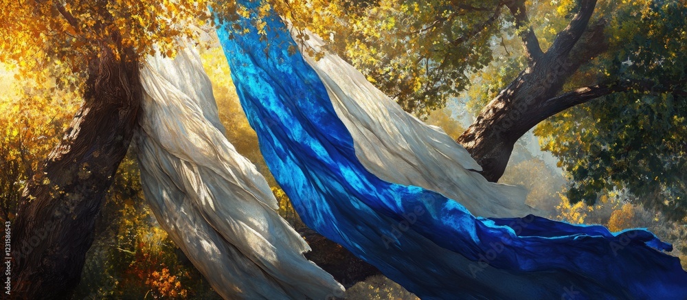 Poster Blue and white flags flutter beside a lush green tree illuminated by soft golden light creating a dynamic contrast in a serene natural setting