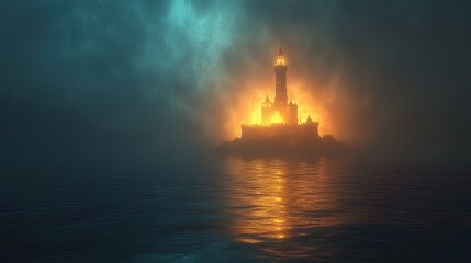 A glowing fantasy palace rising from a surreal sea of radiant mist