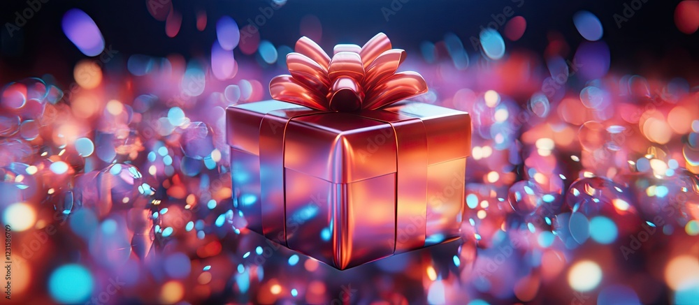 Poster gift box with a shiny satin ribbon bow centered on a blurred background of vibrant colorful lights c