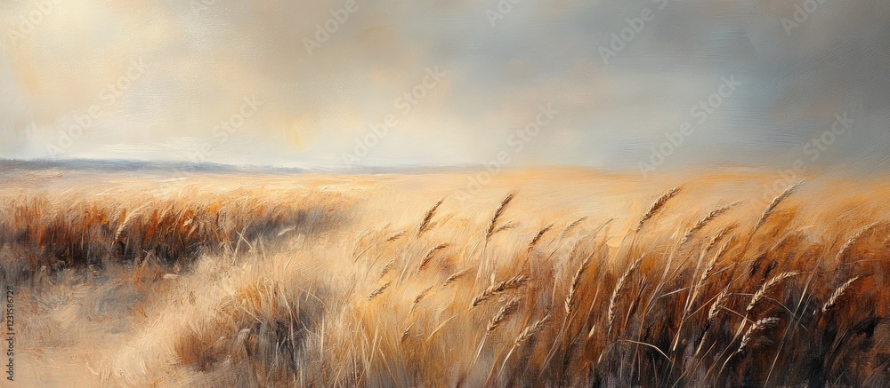 Aufkleber Golden wheat fields under a soft pastel sky with gentle brushstrokes creating depth and depicting the serene beauty of rural agriculture.