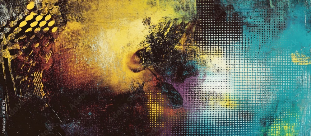 Leinwandbilder vibrant abstract texture artwork featuring a halftone design with yellow, blue, and dark tones blend