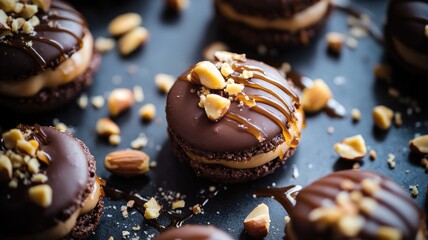 Chocolate covered caramel macarons with nuts on top