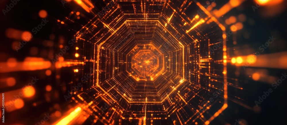 Poster Abstract digital background in orange and black hexagonal pattern with glowing lines radiating towards the center creating a futuristic effect.
