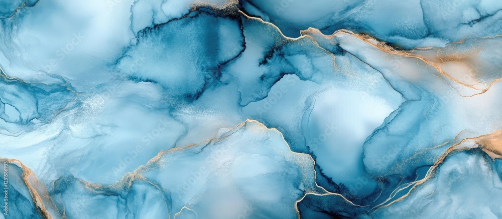 Aufkleber abstract blue and gold fluid art with swirling patterns, featuring shades of turquoise and hints of 