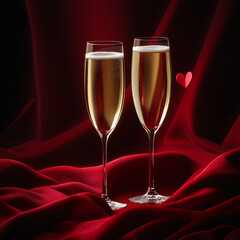 Elegant champagne glasses against a luxurious red backdrop for celebrations.