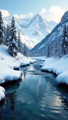 A calm river flowing through a snow-covered valley, flowing river, serene landscape, snowy surroundings