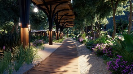 Fototapeta premium Tranquil Wooden Pathway Through Lush Green Garden