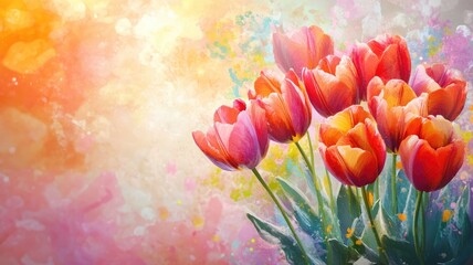 Vibrant painting of red tulips with colorful background