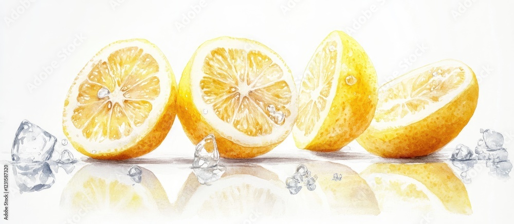 Poster vibrant yellow lemon slices with icy cubes are arranged on a white background highlighting artistic 