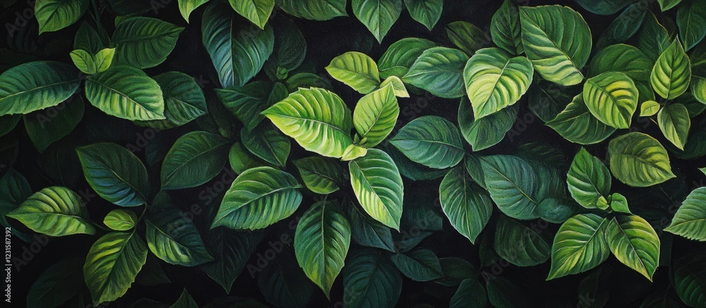 Poster lush green leaves with varied textures and shades of dark green fill the image, creating a dense fol