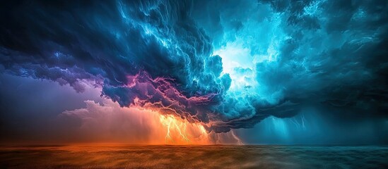 Dramatic colorful storm clouds blend vibrant blues, pinks, and oranges in a striking sky, perfect for climate visuals and nature's beauty.