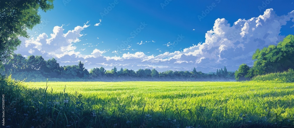 Aufkleber lush green field of freshly mowed grass under a vibrant blue sky with fluffy white clouds creating a