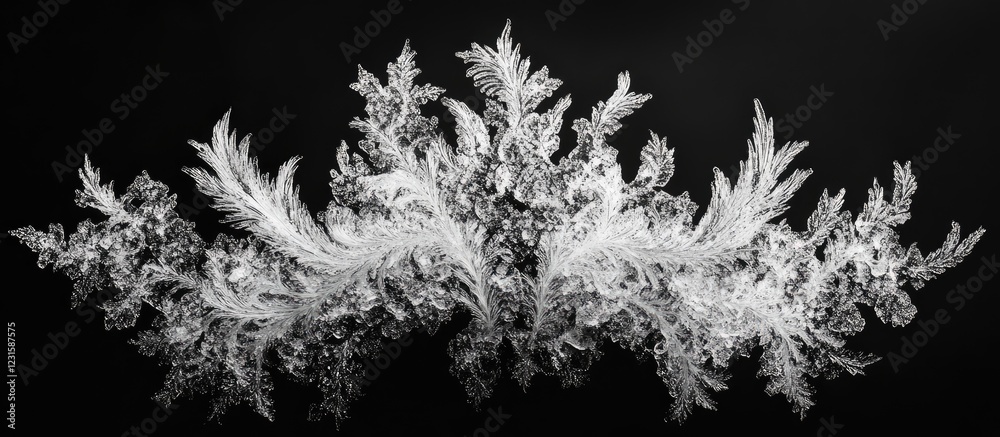 Poster intricate frozen leaf patterns in white and silver against a deep black background, showcasing delic