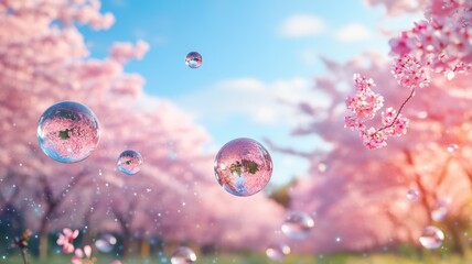 Cherry blossoms and floating bubbles create dreamy spring scene