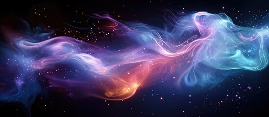 Obraz premium Glowing magic particles swirl in vibrant hues of purple, blue, and orange against a dark background, creating an enchanting visual effect.