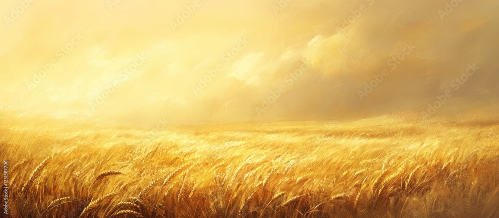 Poster golden wheat field bathed in warm golden sunlight at dusk, with soft clouds in the distance, creatin