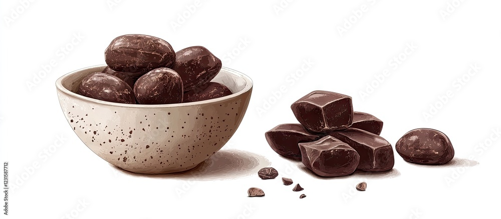 Poster cocoa in a textured beige bowl on a white background with glossy dark cocoa beans and chocolate piec