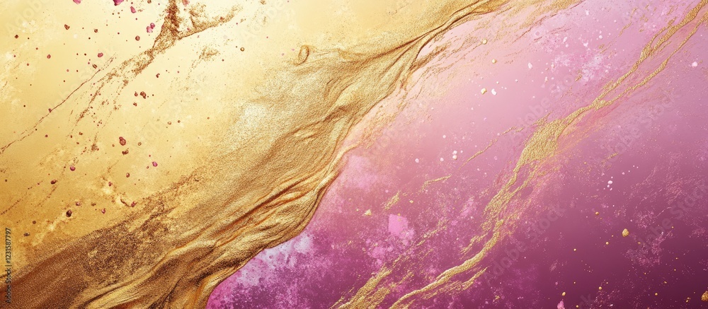 Fototapete Abstract golden wave flowing across a soft pink background with shimmering textures and sparkling elements creating a luxurious and elegant feel.