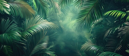 Vibrant tropical foliage with dark green palm fronds drifting in misty ambiance creating a serene atmosphere in lush jungle background
