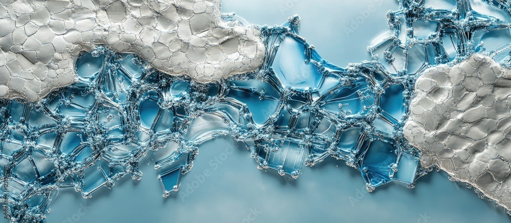 Poster Icy blue and silver microchip connections create an intricate high-tech design against a soft blue background emphasizing modern technology.
