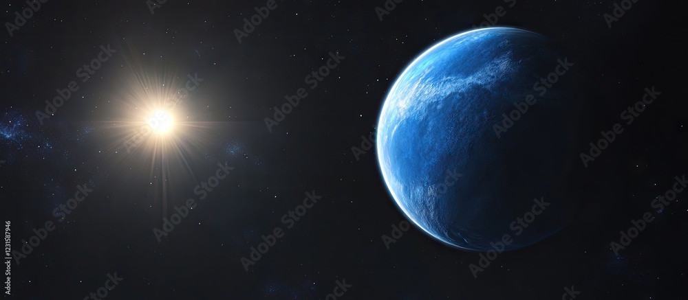 Poster celestial view of a vibrant blue planet in space illuminated by a bright light on the left, with a d