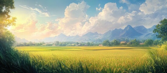 Scenic panorama of golden ripe rice fields under a blue sky with fluffy clouds and green mountains in the background perfect for agricultural themes