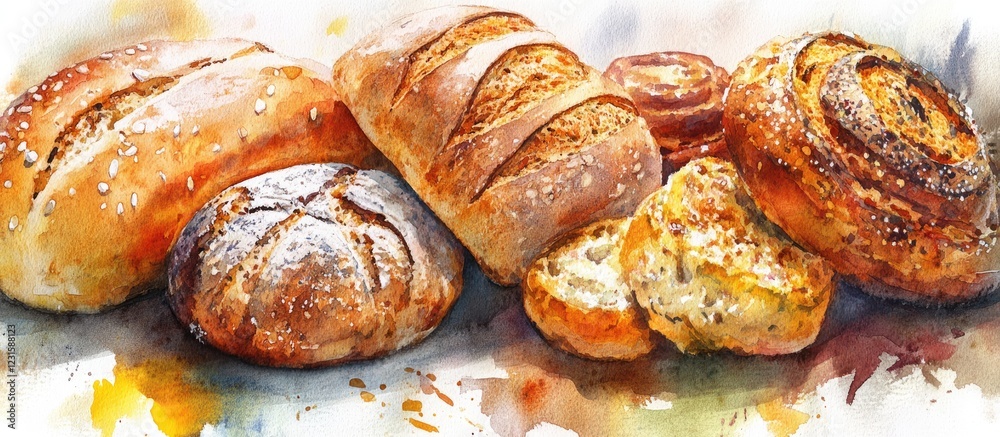 Poster Vibrant watercolor composition featuring an array of artisanal breads in warm tones, showcasing textures and details of each bread type.
