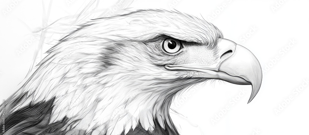 Poster bald eagle close-up in monochrome showcasing sharp eyes and detailed feathers with a strong beak pos