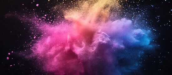 Obraz premium Vibrant pastel chalk explosion in pink, purple, and blue hues against a dark backdrop, ideal for artistic projects and unique design applications.