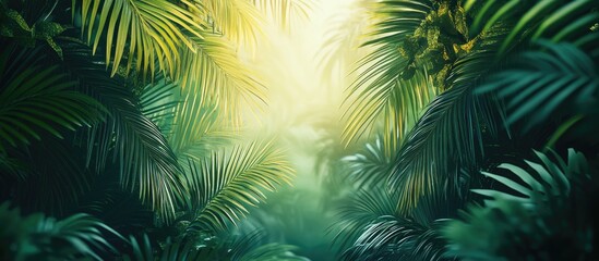 Lush green tropical foliage with vibrant palm frond silhouettes in the foreground creating a serene illuminated atmosphere in a 3D rendering.