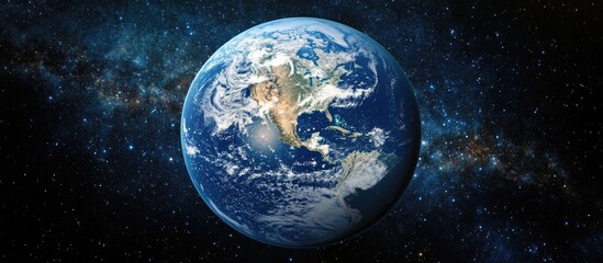 Naklejka premium Earth viewed from space with vibrant blue oceans and green landmasses, surrounded by starry background emphasizing global connectivity and beauty