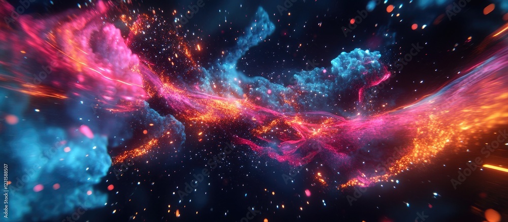 Poster Vibrant cosmic nebula with swirling pink and blue gases on a dark backdrop, illuminated by scattered glowing particles, creating a celestial effect.