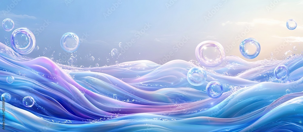 Poster vibrant blue and violet sea waves with delicate bubbles in the foreground create a tranquil and ench
