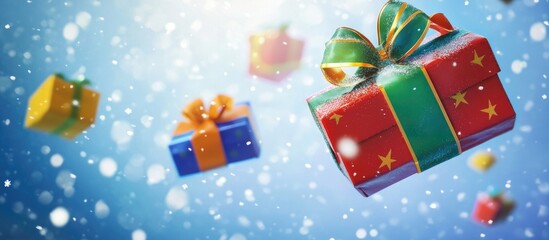 Fototapeta premium Colorful gift boxes in red green and blue with bows floating amidst falling snowflakes on a bright blue holiday background creating a festive atmosphere