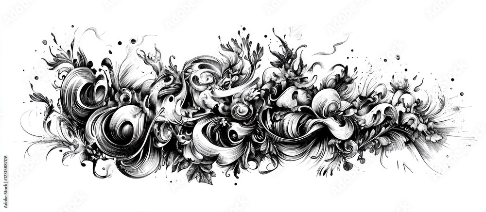 Poster Intricate black hand-drawn doodles on a white background form a dynamic and charming abstract design, ideal for creative projects and artistic displays.