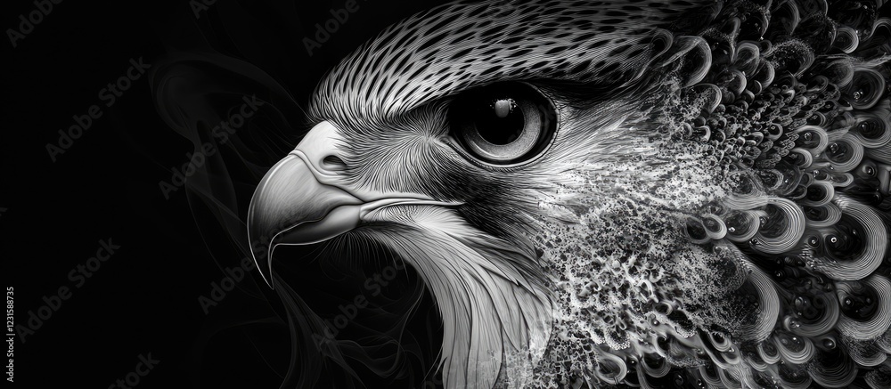 Poster Falcon close-up with intricate feather details and striking eye features set against a dark background highlighting its majestic characteristics.