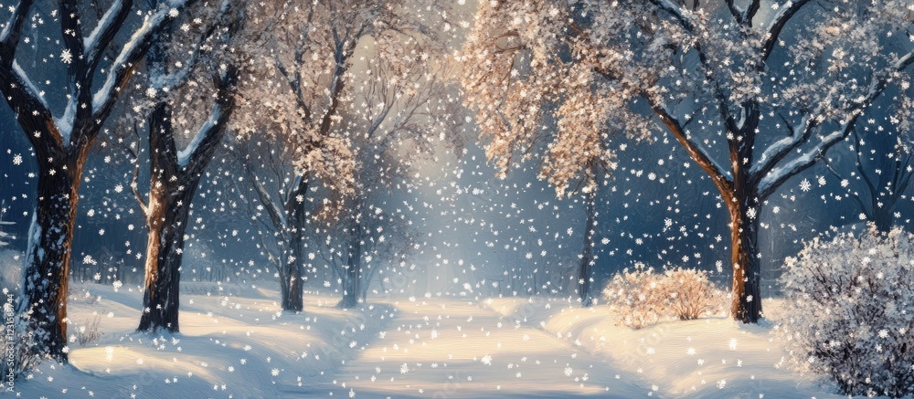 Poster gentle snowfall creates a tranquil winter landscape with luminous snowflakes against a dark backgrou
