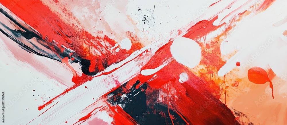 Poster abstract red and white collage displaying vibrant blurred brush strokes and splashes, capturing a mo