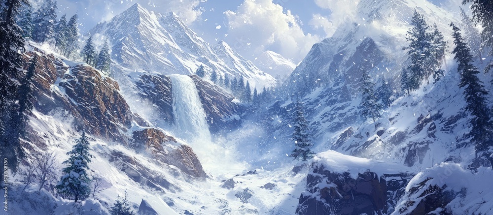 Poster snow-covered mountainside with a powerful avalanche cascading down, surrounded by evergreen trees un