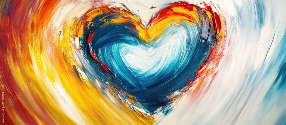 Poster colorful heart shape surrounded by vibrant orange, blue, and white brush strokes on textured canvas,