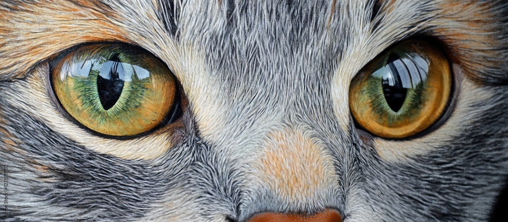 Aufkleber hyper-realistic close-up of a gray cat's striking eyes with reflective green and amber hues set agai