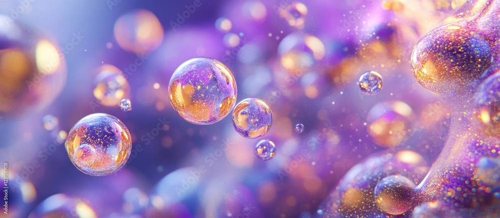 Poster Vibrant neon and golden bubbles in a defocused abstract cloud, cascading in a mesmerizing flow of purple and blue hues for a stunning visual effect