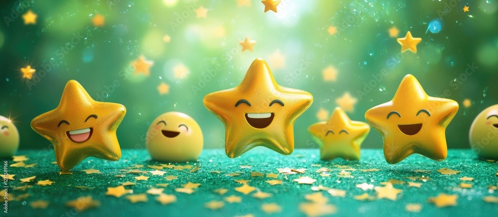 Poster cheerful golden stars and smiling emojis in varying sizes on a vibrant green background, exuding joy