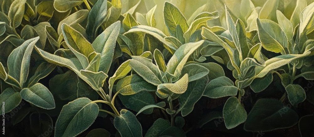 Leinwandbilder vibrant green sage leaves illuminated by sunlight create a stunning fine art display with rich textu