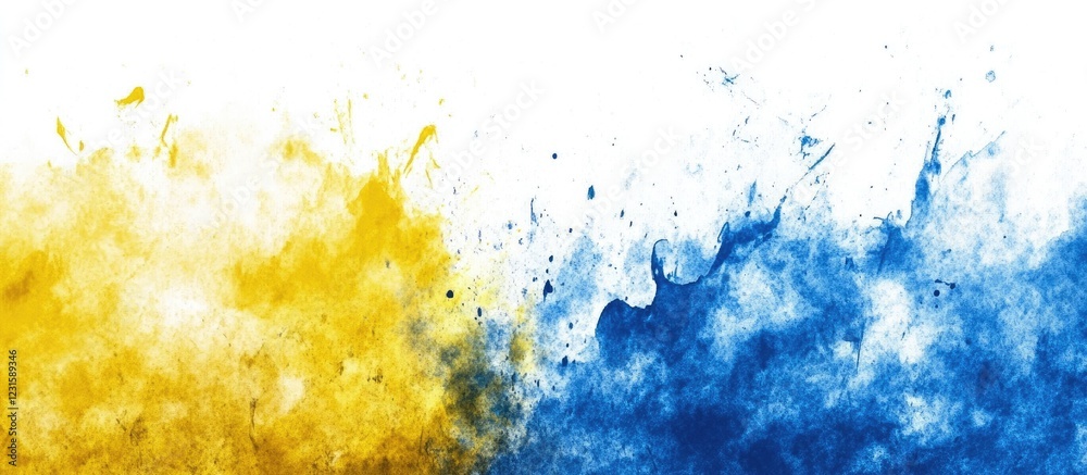 Poster Vibrant splashes of yellow and blue blending artistically on a white background create a dynamic abstract composition evoking energy and movement.