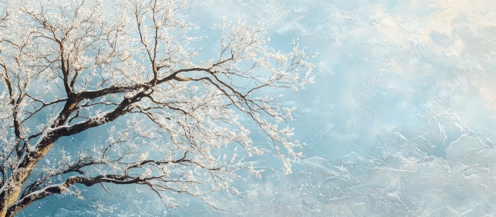 Poster winter scene with delicate frosted tree branches on the right against a soft blue sky, evoking tranq